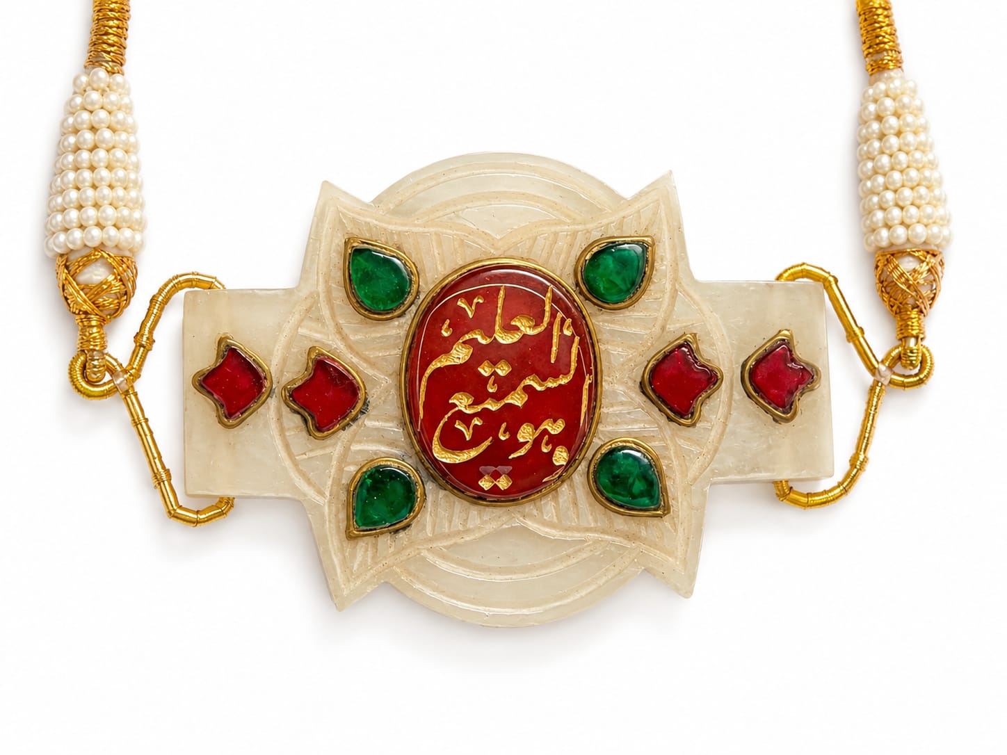 Mughal handmade islamic jade stone pendant studded with red green precious stone